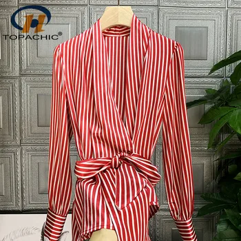 

4.15 Silk Shirt Women 2020 Spring Summer New V-neck Long sleeve Striped Temperament With Belt Blouse