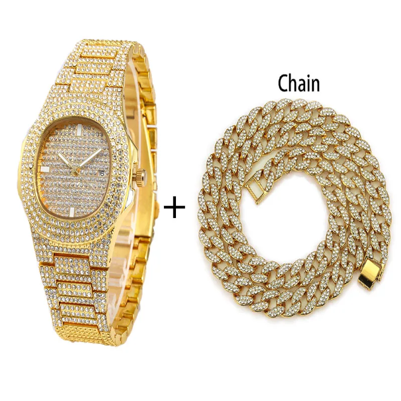 Gold Watch Chain Хип-хоп для мужчин и женщин серебряная и золотая цепочка/ожерелье+ часы с кубинской цепочкой с золотым покрытием, проложенные Стразы CZ, ювелирные изделия - Окраска металла: Gold Watch Chain