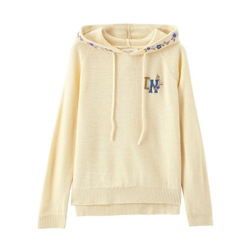Light Yellow INMAN, осень, Новое поступление, Литературная вышивка, с капюшоном, длинный рукав, однотонный, подходит ко всему, Женский пуловер - Color: Light Yellow