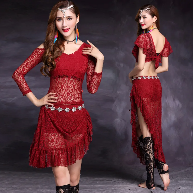 

Huayu Dance Belly Dance Exercise Clothing 2019 Autumn Summer New Style Lace Set Medium-length Dress Performance Costume