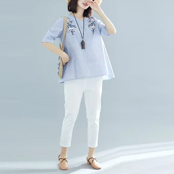 

COIGARSAM Plus Size Cotton Linen blouse women New Summer Embroidery Loose V-Neck blusas womens tops and blouses Blue 1816