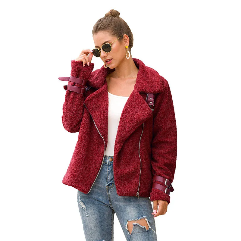 wine red Новая мода плюшевое пальто Женская пушистая куртка осенняя молния плюшевая Толстая Повседневная Плюс Размер овечья зимняя куртка из искусственного меха Женское пальто - Цвет: wine red