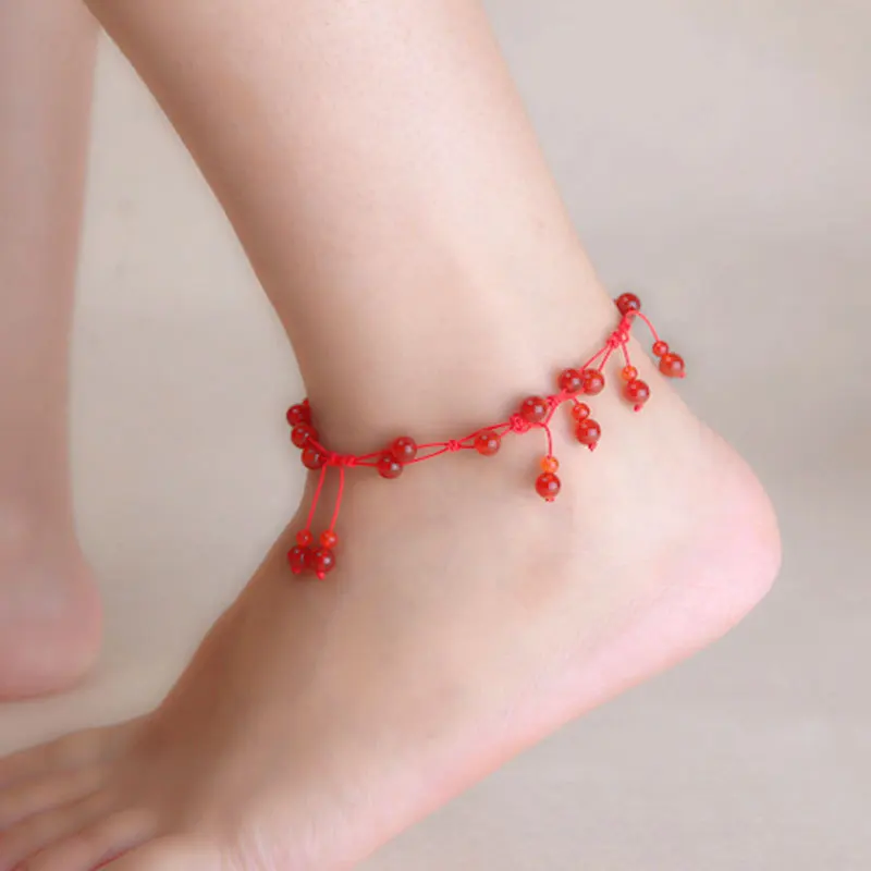 

High Quality (Accessories) Retro National Wind Hand-woven Red Agate Anklet Foot Chain Accessories Women's Fashion Simple