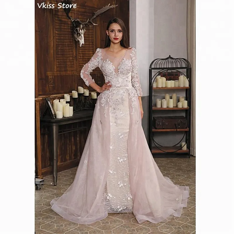 

Light Pink Evening Dress Mermaid Applique Sweep Train O-neck Detachable Sweep Train Backless Prom Dress