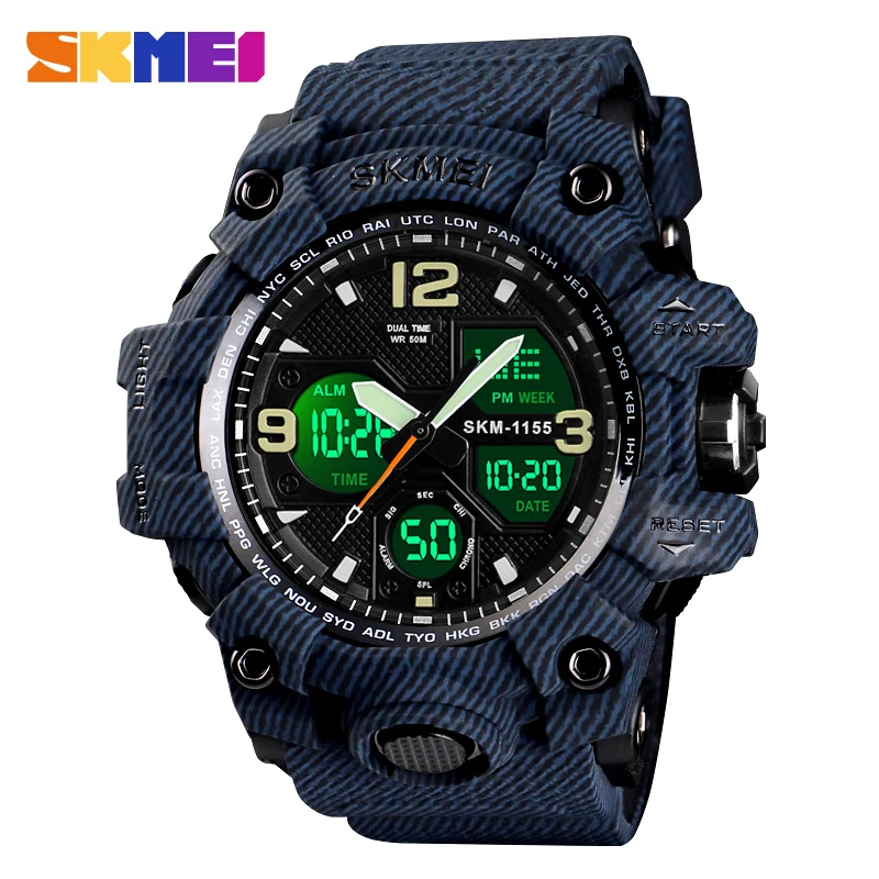 SKMEI, новинка, модные мужские спортивные часы, светодиодный, яркие часы, кварцевые наручные часы, цифровые часы, военные, камуфляжные, водонепроницаемые часы - Цвет: DENIM Blue Watch