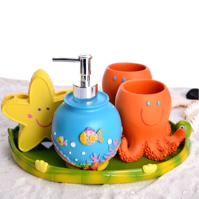 

New Cartoon Sea Style Resin Soap Dish Dispenser Toothbrush Holder Cup Bathroom Accessories Set Children Baby Kids Gift 5Pcs/Set