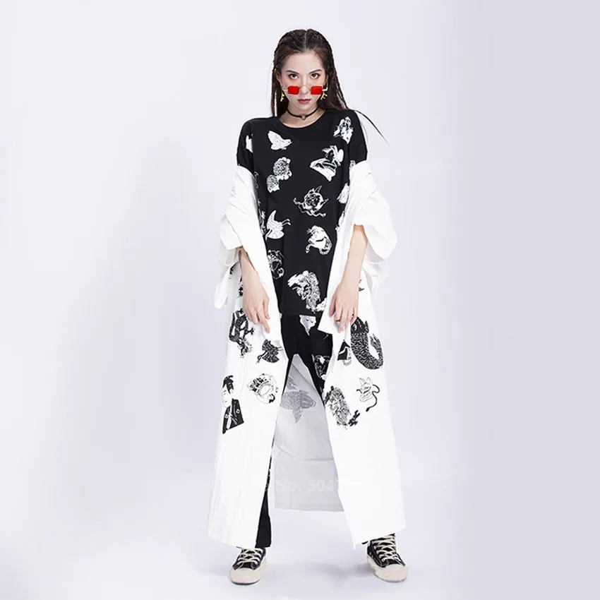 Harajuku Japanese Clothing Female Fashion Streetwear Hip Hop Haori T-shirt Pants Outfits Carp KOI Printing Coat for Couple