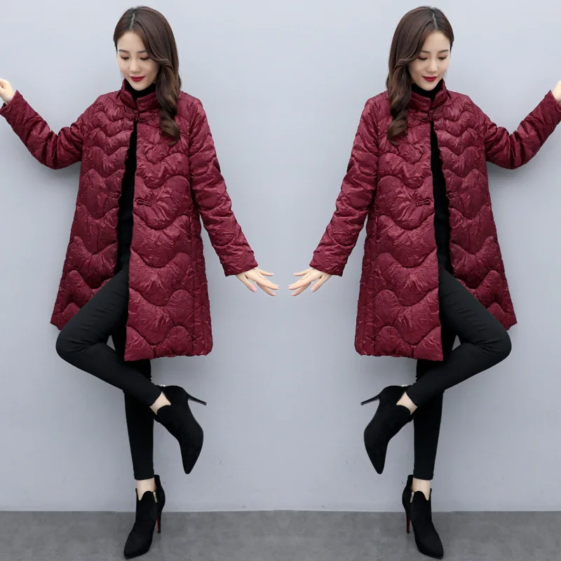 

2019 New Style Winter WOMEN'S Dress Mid-length Cotton-padded Clothes Retro Frog Loose-Fit Cotton-padded Jacket Stand Collar Coat