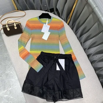 

High-end Brand Women 70% Wool 30% Silk Knit Top Shirt 2019 Autumn Casual Long Sleeve O-neck Elastic Rainbow Stripe Sweaters Top