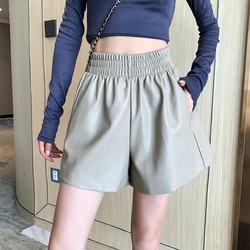 Coreano perna larga elástica cintura alta boot shorts feminino outono inverno a linha de couro do plutônio shorts femme solto casual senhoras shorts