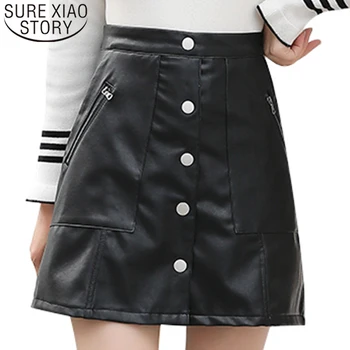 

2019 New Fashion Slim High Waist Women PU Leather Skirt Zipper Button Lady Mini Short Skirts Elegant A-Line Skirt Autumn 6064 50