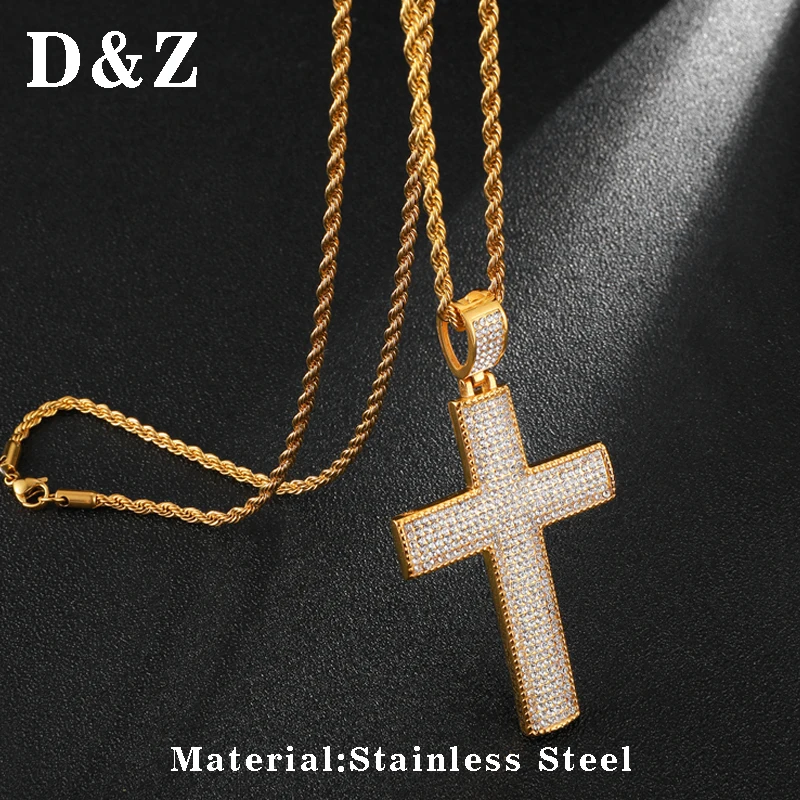 

D&Z Shiny Full Rhinestone Stainless Steel Cross Crucifix Pendant Necklace For Male Street Jewelry Gift