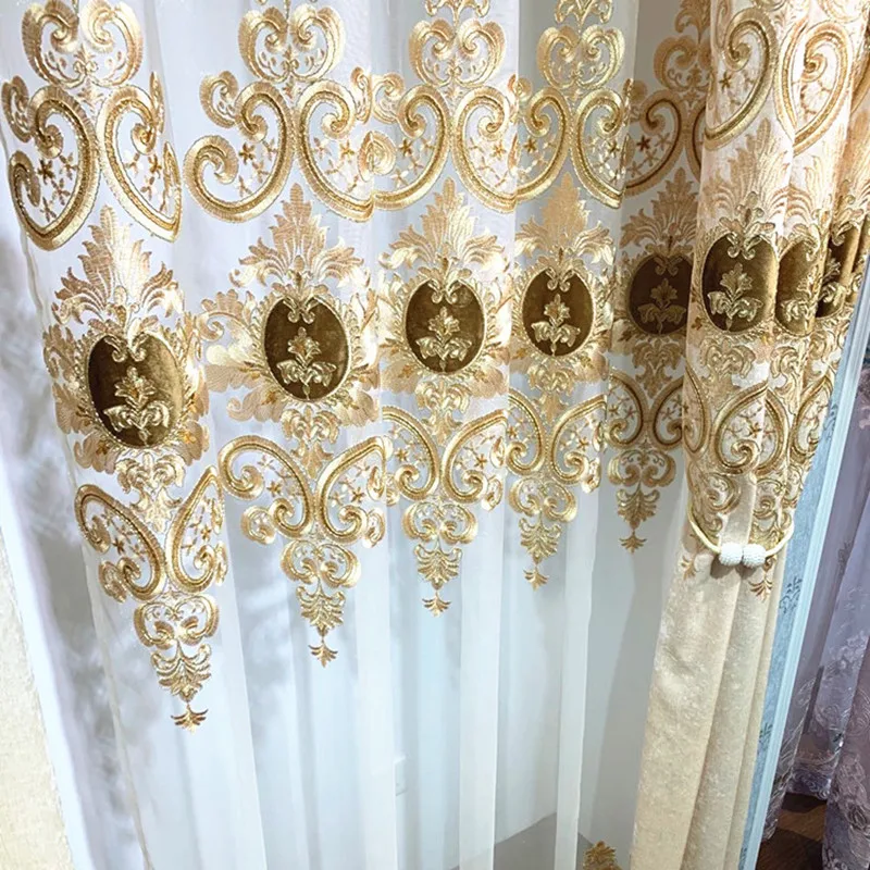 Curtains medium Curtains for Living Dining Room Bedroom Luxury European Velvet Sheer Gold Print High Shading Window Embroidered Chenille Valance voile curtains