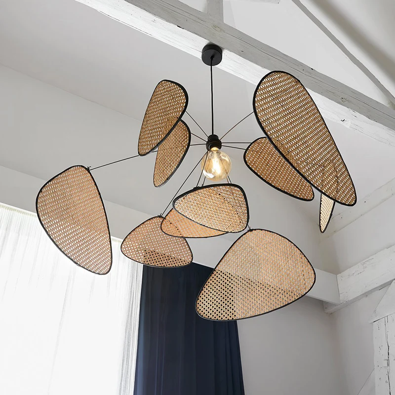 

Wicker chandelier Living Room Studio Kitchen Wood Bamboo Lamp Shades chandeliers Creative Leaf Grid Rural Hand Made Rattan Lamp