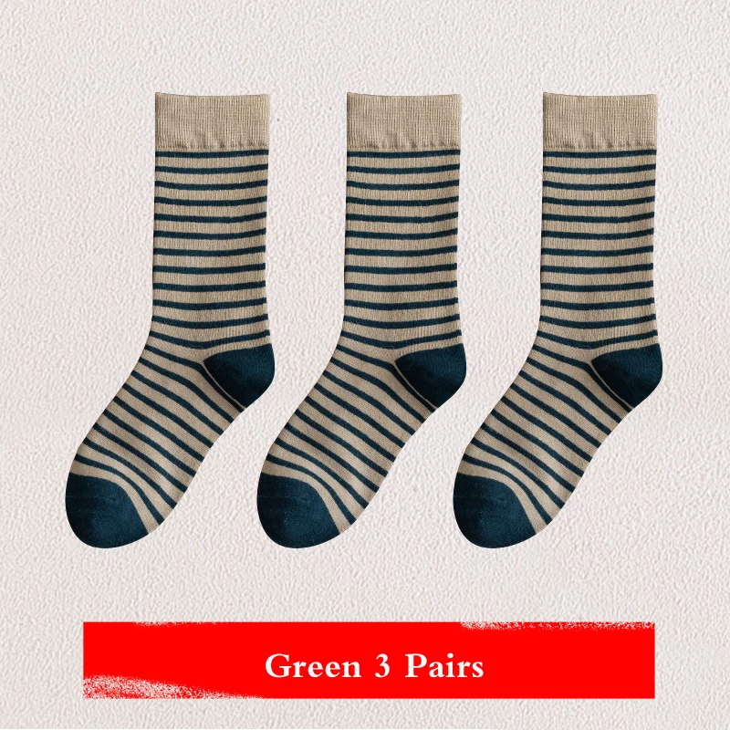 Green 3 Pairs Японские гольфы, женские полосатые весенне-осенние высокие цилиндрические голени, носки, хлопковые дезодорирующие милые корейские женские носки, 3 пары - Цвет: Green 3 Pairs