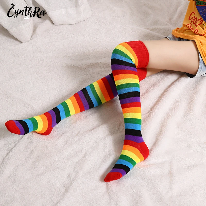 CYNTHRA Women's Socks Lady's Rainbow Stripe Over-the-Knee Sunscreen  Cotton Fashion Breathable Calcetines de mujer