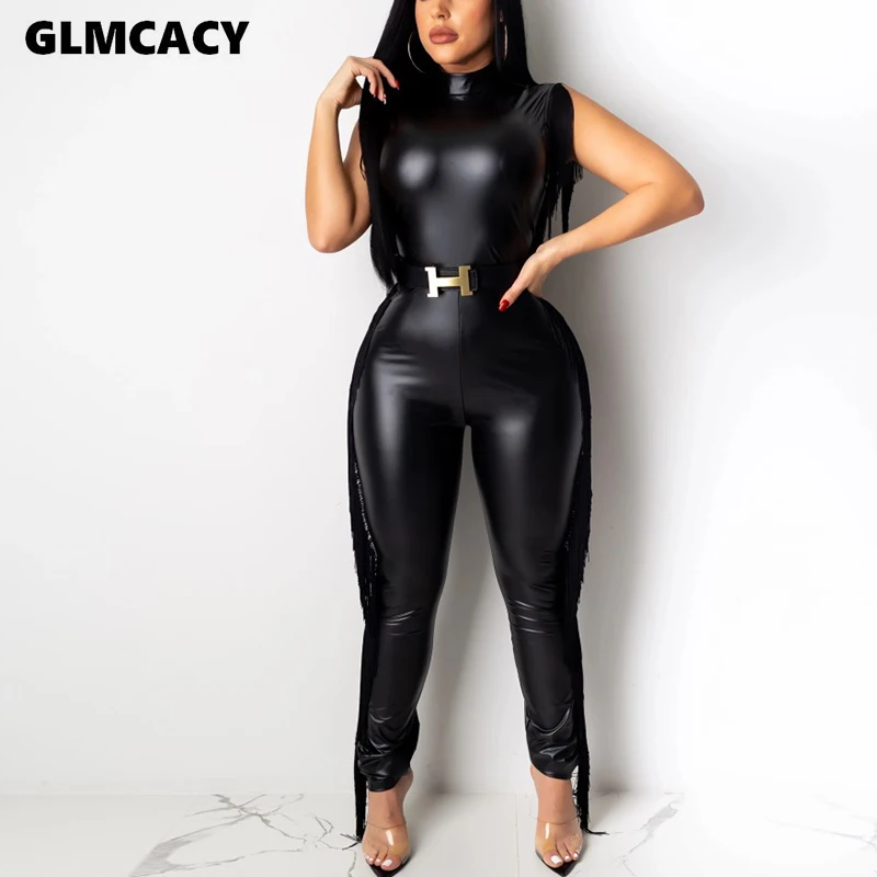 Women Sleeveless Fringed Tassels Detail Jumpsuits Sexy Party Clubwear Classy Chic Ladies Streetwear Black PU Leather Jumpsuit Women Sleeveless Fringed Tassels Detail Jumpsuits Sexy Party Clubwear Classy Chic Ladies Streetwear Black PU Leather Jumpsuit