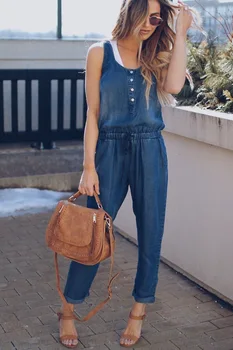 

Denim Blue Women Overalls Jumpsuit Rompers Sleeveless Waist Drawstring Out Pocket Lady Overall Fashion Female Pants Jumpsuit