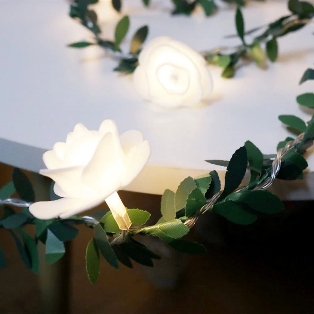 Роза в виде вьющегося стебля с цветами Строка Светодиодный свет украшения зеленые листья гирлянда Батарея/USB/Солнечная приведенная в действие 3 м 5 м 10 м теплый белый светодиод гирляндой
