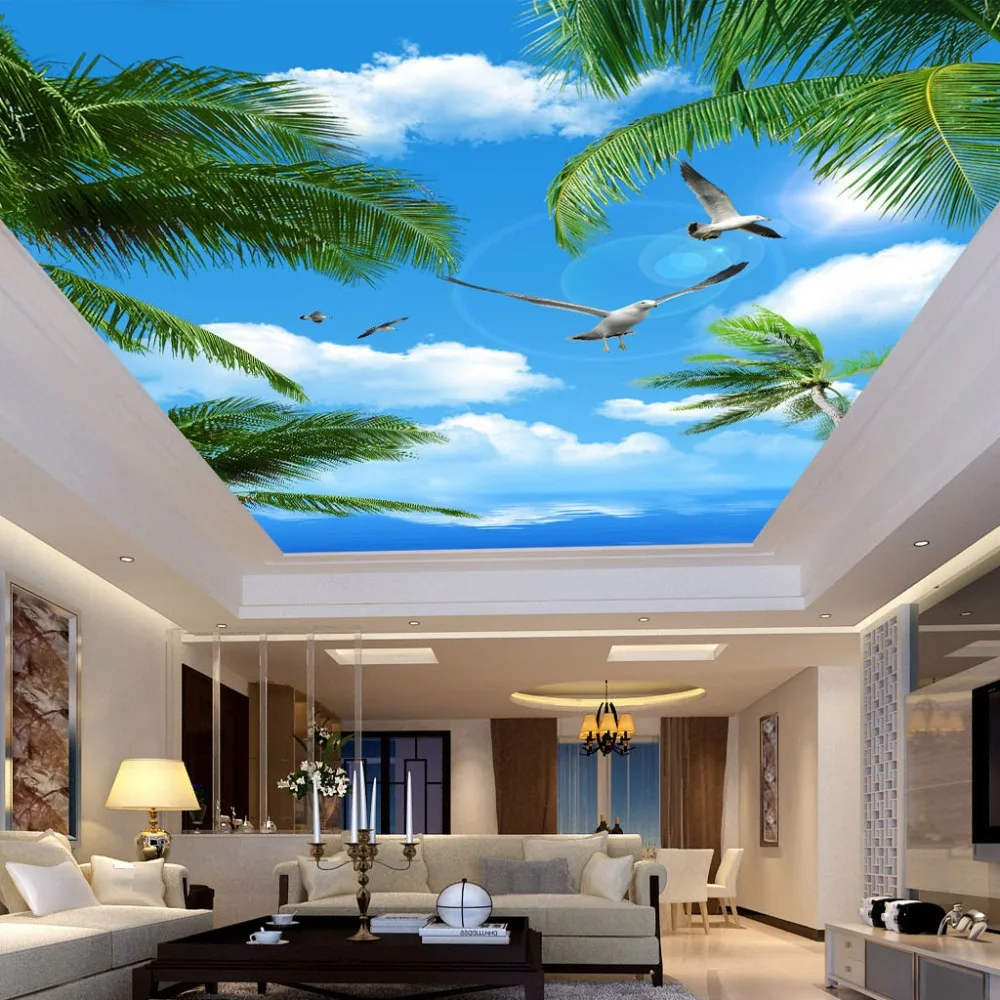 

Drop Shipping Custom 3D Photo Wallpaper Coconut Trees Seabirds Suspended Ceiling Non-woven Wall Mural Wallpaper 3D
