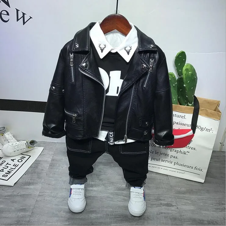 Children Clothing Set Boys Suit Spring Autumn Faux Leather Coat + T-Shirt+ Shirts+ Jeans 4PCS Kids Clothes 2-7years |