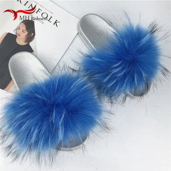 

2020 New Women Summer Real Raccoon Fur Slippers Women Fluffy Fur Slides And Indoor Home Slippers Silver Sole Color Shoes