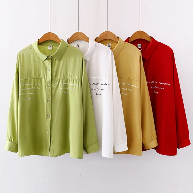 Simple Casual Lapel Shirt Women Letter Print Loose Blouse Spring Autumn Long Sleeve White Shirts 2020 New