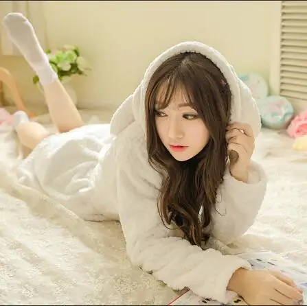 

Winter New Style Women's Flannel Shell Velvet Hooded Tracksuit Nightgown Korean-style Cute bo luo rong Pajamas