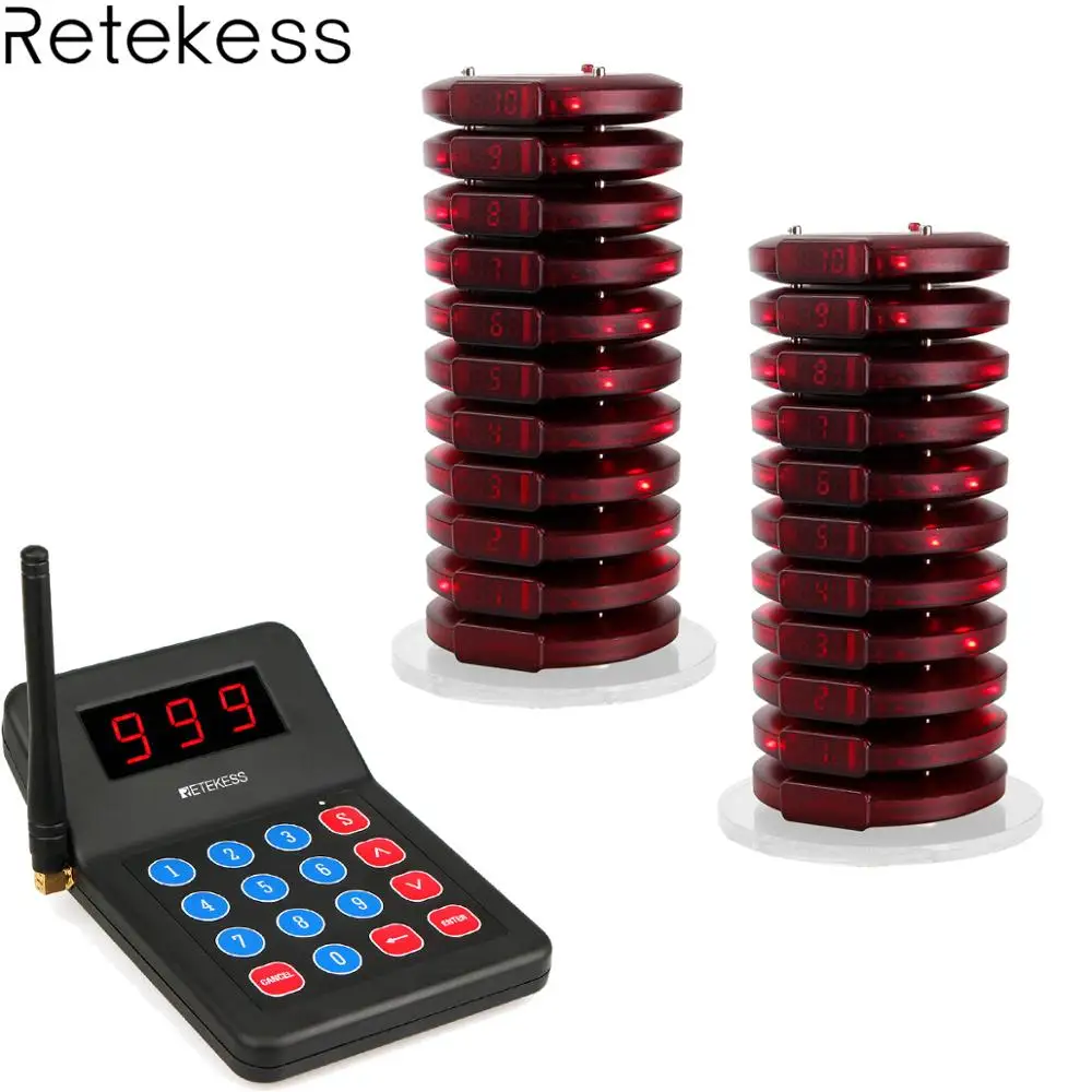 

Retekess T119 Restaurant Pager Wireless Calling System 20 Coaster Pager+1 Transmitter Pager Call System Customer Service F9455A