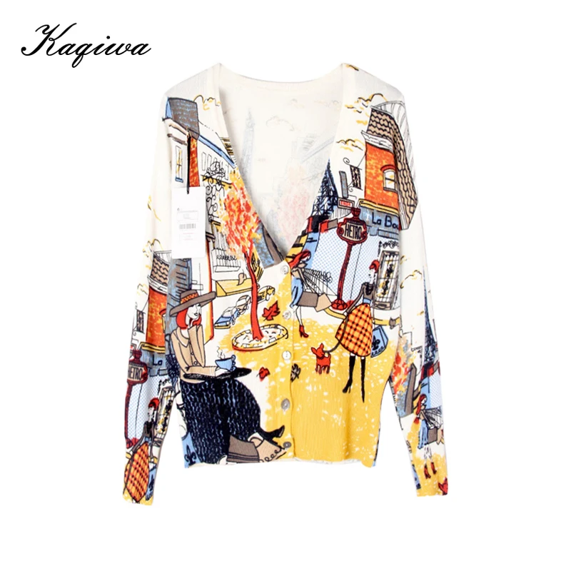 2020 cardigans women v-neck casual knitted outerwear High Quality New Spring Autumn drawing print lady long-sleeve sweater |