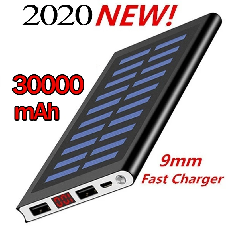 Ультратонкое портативное зарядное устройство на солнечной батарее 9 мм 30000 мАч