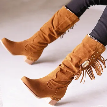 

For Dropship Wholesale Price Chunky Heels Classic Big Size 45 Retro Fringes Winter Shoes Women Tassels Boots Female