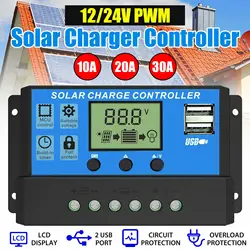 Solar Charge Controller with LCD Display and Dual USB Output, 30A 12V/24V Auto PWM Regulation - 30A