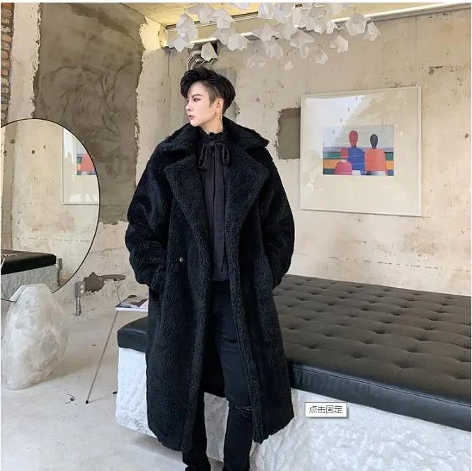 S-XL! зимнее модное мужское длинное Свободное пальто из овечьей шерсти с отворотами, темпераментное молодежное утепленное плюшевое пальто