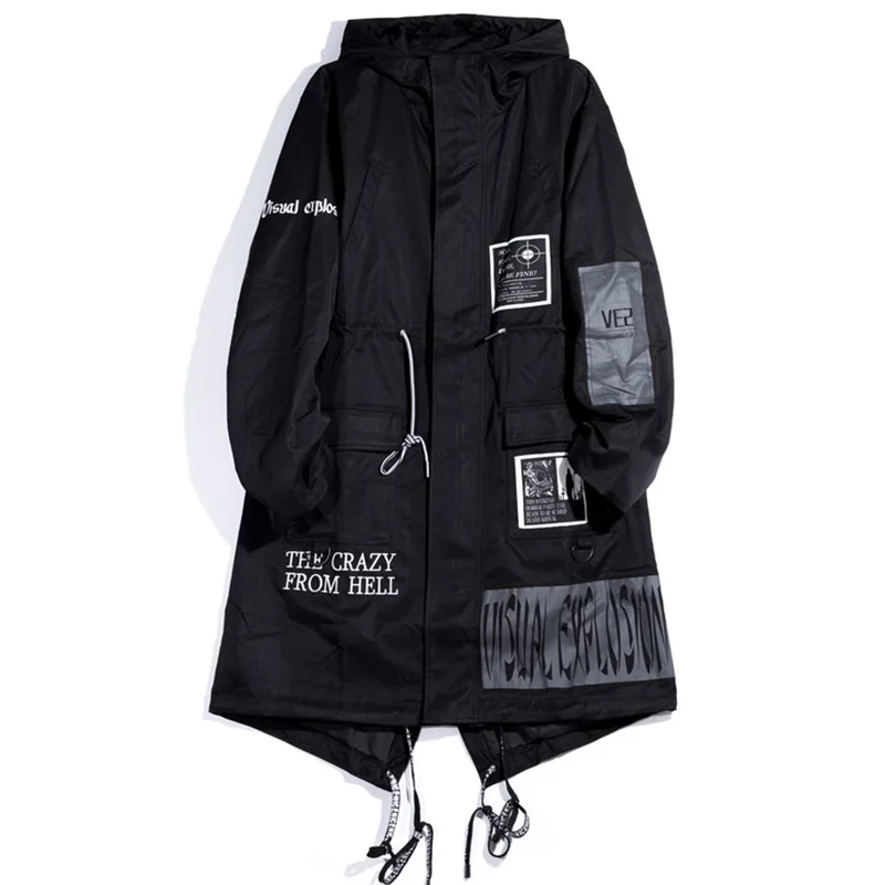 AELFRIC, длинный мужской Тренч,, модная готическая Черная ветровка с капюшоном, куртки в стиле хип-хоп, уличная одежда, пальто - Цвет: Черный