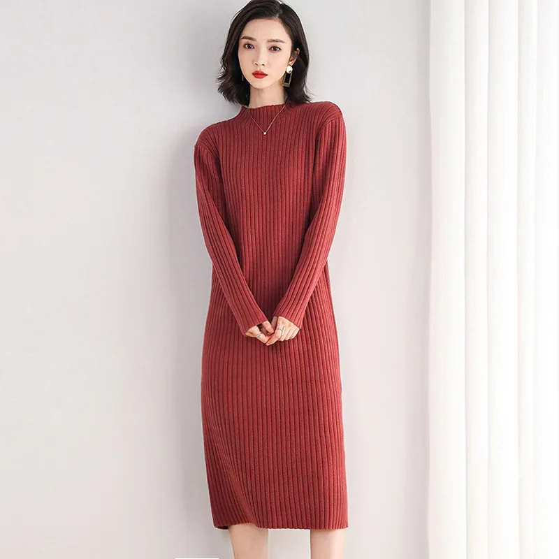 INNASOFAN knitted dress women Autumn Winter long-sleeved dress Euro-American fashion elegant half-high collar dress solid color - Цвет: Красный
