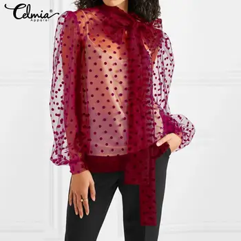 

Elegant OL Women Polka Dot Blouse Celmia 2020 Fashion See-through Shirt Casual Bow Collar Loose Sheer Tops Long Sleev Blusas 5XL