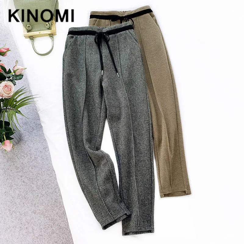 KINOMI Осень Зима OL Стиль женские шерстяные шаровары Высокая талия повседневные свободные рабочие штаны винтажные Брюки с карманами Новинка