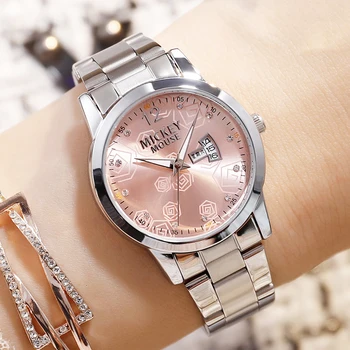 

Disney Women Lady Watches Female Stainless steel strap Leather Clock Luminous calendar Fashion Elegant Gift Box Quartz Watch