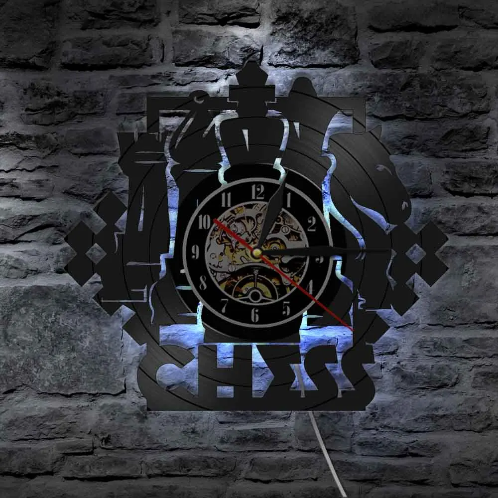 Chess Game Wall Art Wall Clock Chessboard Black Pieces Strategy Player Club Chess Master Vinyl Record Clock Chess Lovers Gift