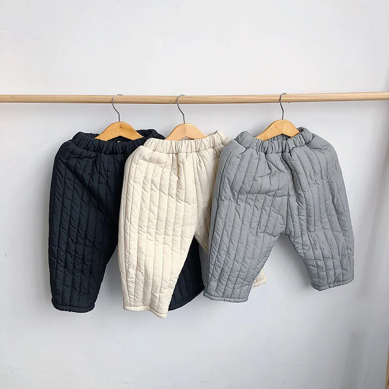 Children's wear winter children's quilted plus velvet trousers boys thickening vertical trousers