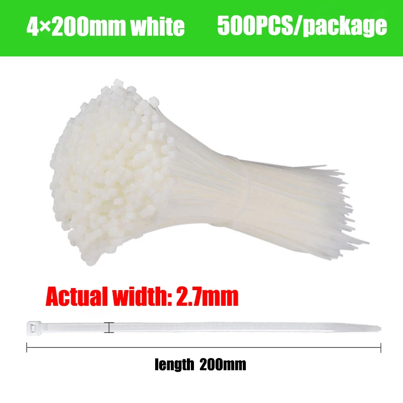White4x200mm 500 шт нейлоновый кабель самоблокирующийся пластиковый провод на молнии набор галстуков 4*150 4*200 4*300 MRO& промышленные крепежи и аппаратный кабель - Цвет: White4x200mm