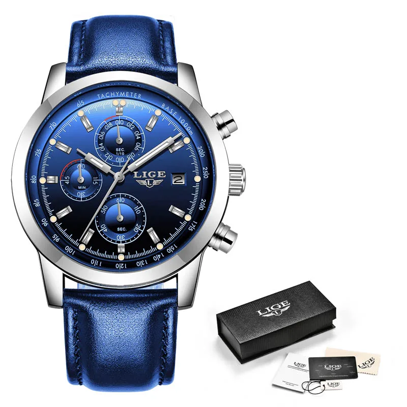 SILVER BLUE LIGE новые часы мужские модные спортивные кварцевые часы мужские s часы брендовые роскошные кожаные бизнес водонепроницаемые часы Relogio Masculino - Цвет: SILVER BLUE