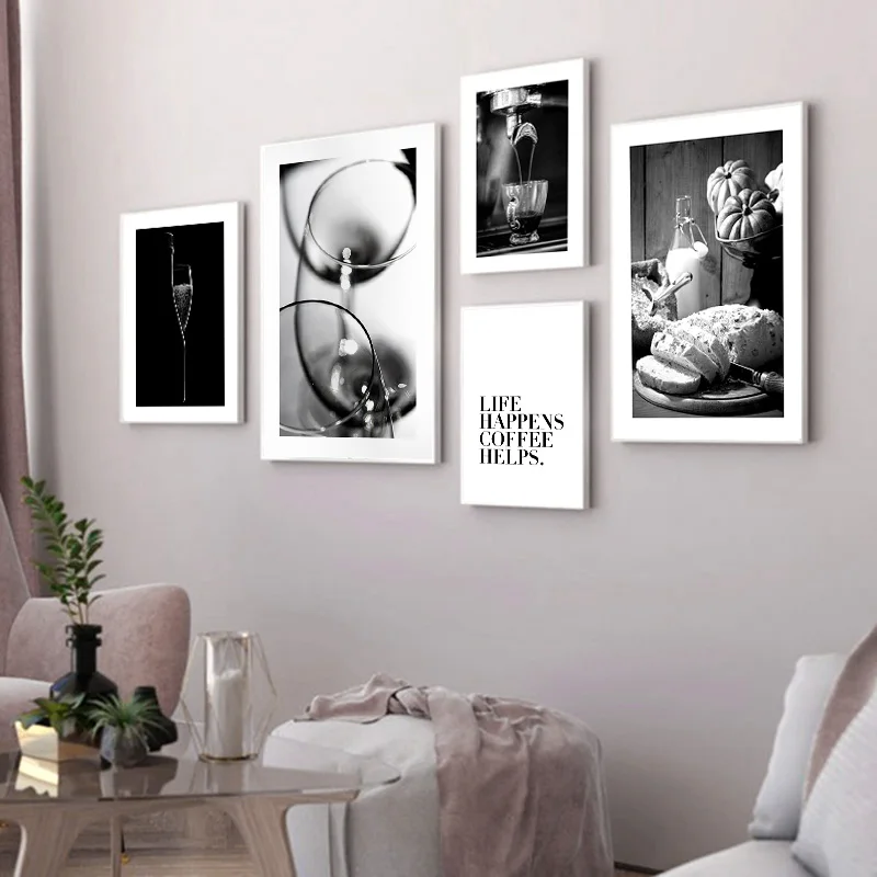 Coffee-Wine-Bread-Kitchen-Poster-Black-White-Drink-Food-Canvas-Print-Wall-Art-Painting-Picture-Dining (2)