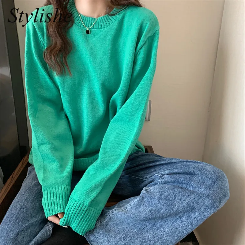 Autumn Winter Candy Color Sweater Women Pullover Crewneck Green Brown Loose Knitted Sweaters Solid Long Sleeve Tops Jumper | Женская