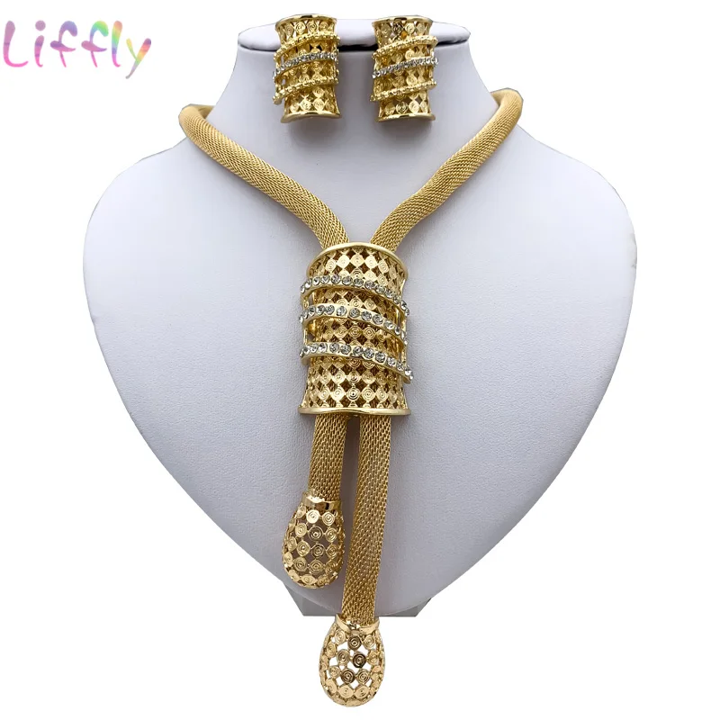 Liffly комплекты ювелирных изделий в африканском стиле, очаровательное свадебное ожерелье, хрустальное ожерелье, свадебные серьги, женские золотые ювелирные изделия из Дубаи