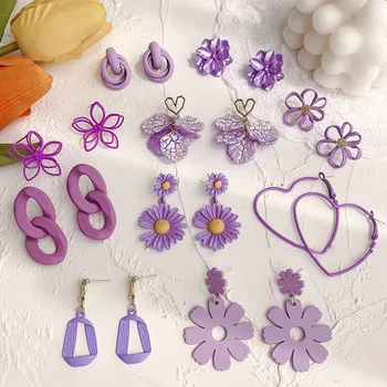 

AOMU S925 Earrings 2020 New Purple Simple Small Drop Earrings Korean Flower Butterfly Geometric Summer Bohemian Earrings