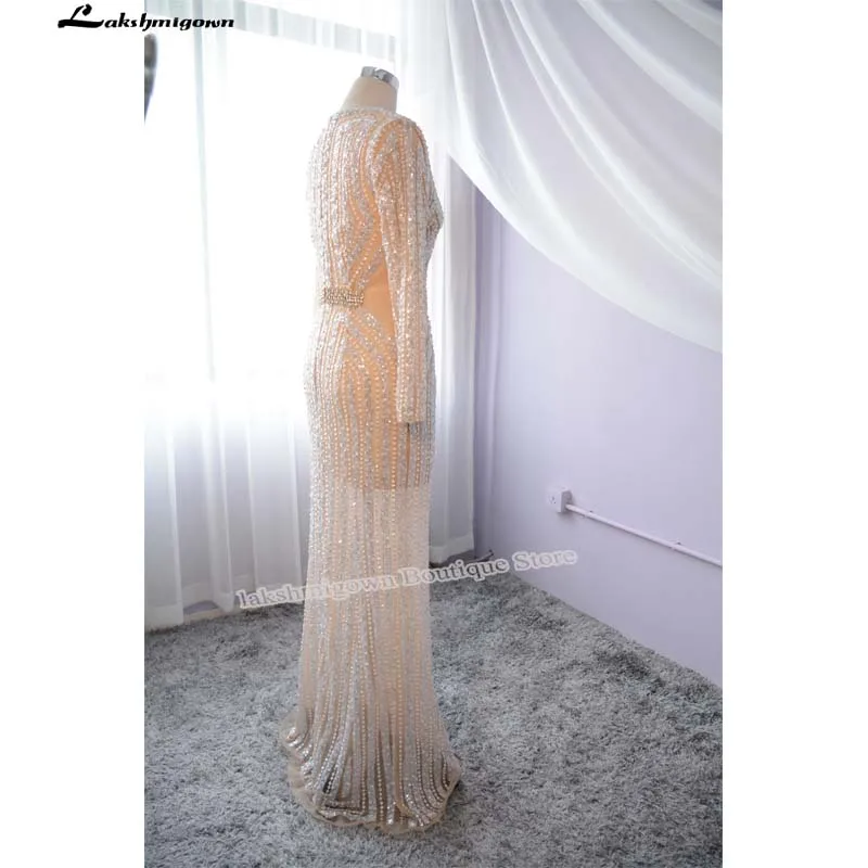 Lakshmigown Роскошные с блестящими кристаллами Русалка вечернее платье с длинным рукавом Сексуальная Иллюзия V шеи бисер длинное платье выпускного вечера Вечернее платье