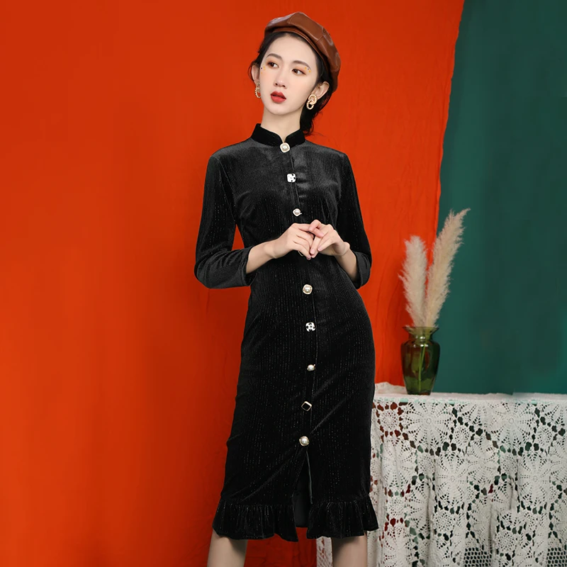 SWEETXUE 2020 Женские однотонные Цвет роскошные бархатные вечерние Cheongsam Qipao платье