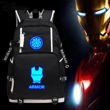 Disney Iron Man Backpack Student Zipper Luminous Youth Printing Waterproof Mountaineering Bag Sports School Bag